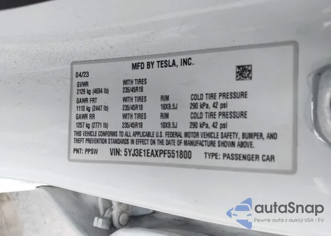 2023 Tesla Model 3 Rear-Wheel Drive from USA, damaged, VIN 5YJ3E1EAXPF551800